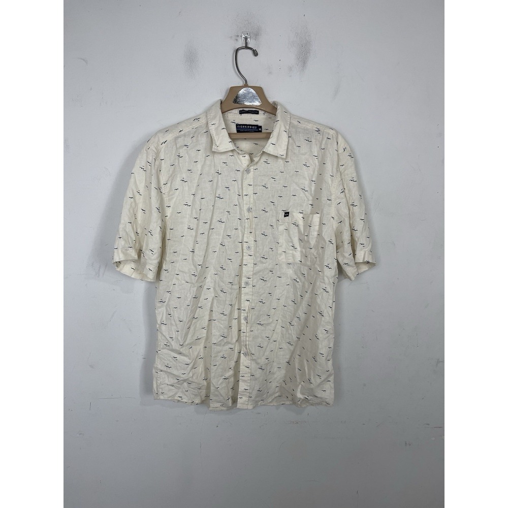 Fish Hippie Mens Shirt XL Linen‎ Hemp Beach Button Rumfront Fisherman Ivory